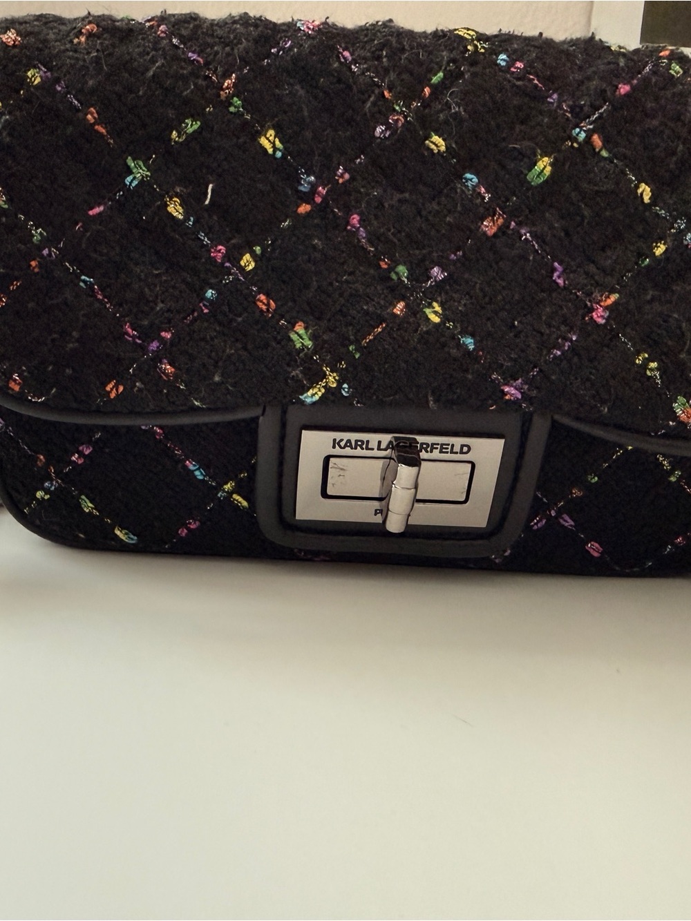 Karl Lagerfeld Black Quilted Tweed Crossbody with Multicolor Thread Accents